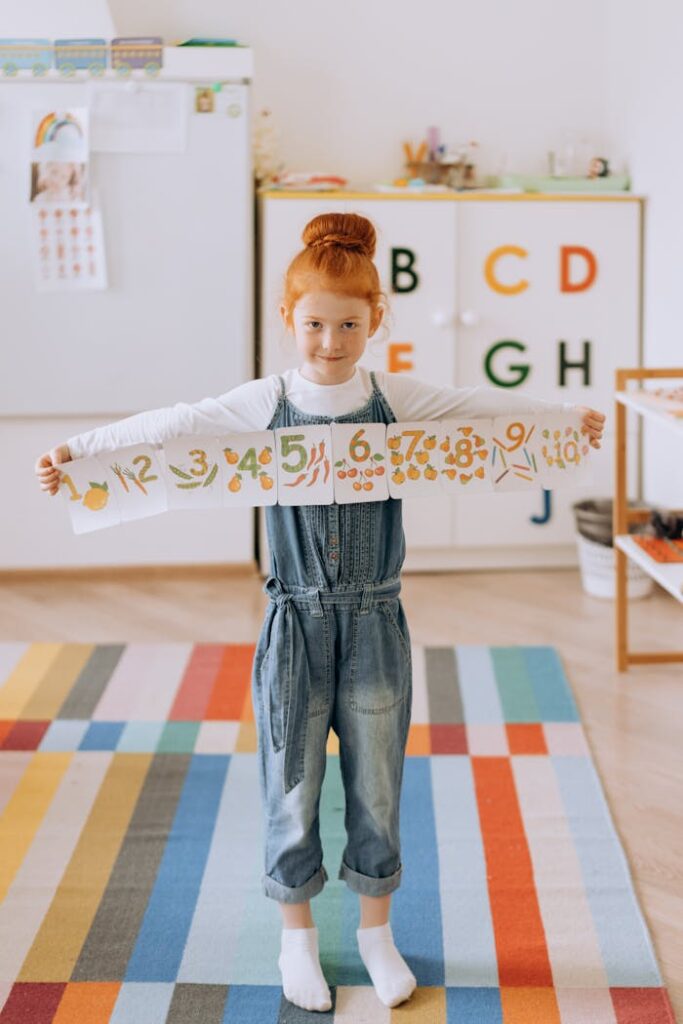 pexels-photo-8923557 Young girl in a vibrant classroom holding a handmade number banner.